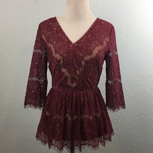 Maeve Needles Lace Burgundy Peplum Blouse XS